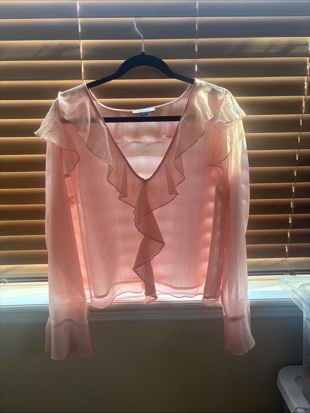 American Eagle Outfitters Sheer Ruffle V-Neck Blouse - Pale Pink